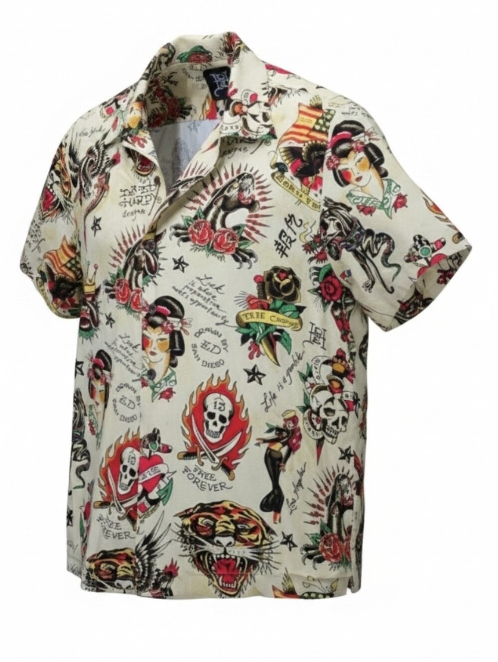 Ed Hardy Mens Size Small Y2K All Over Graphic Tattoo Art Beige Button Down Shirt